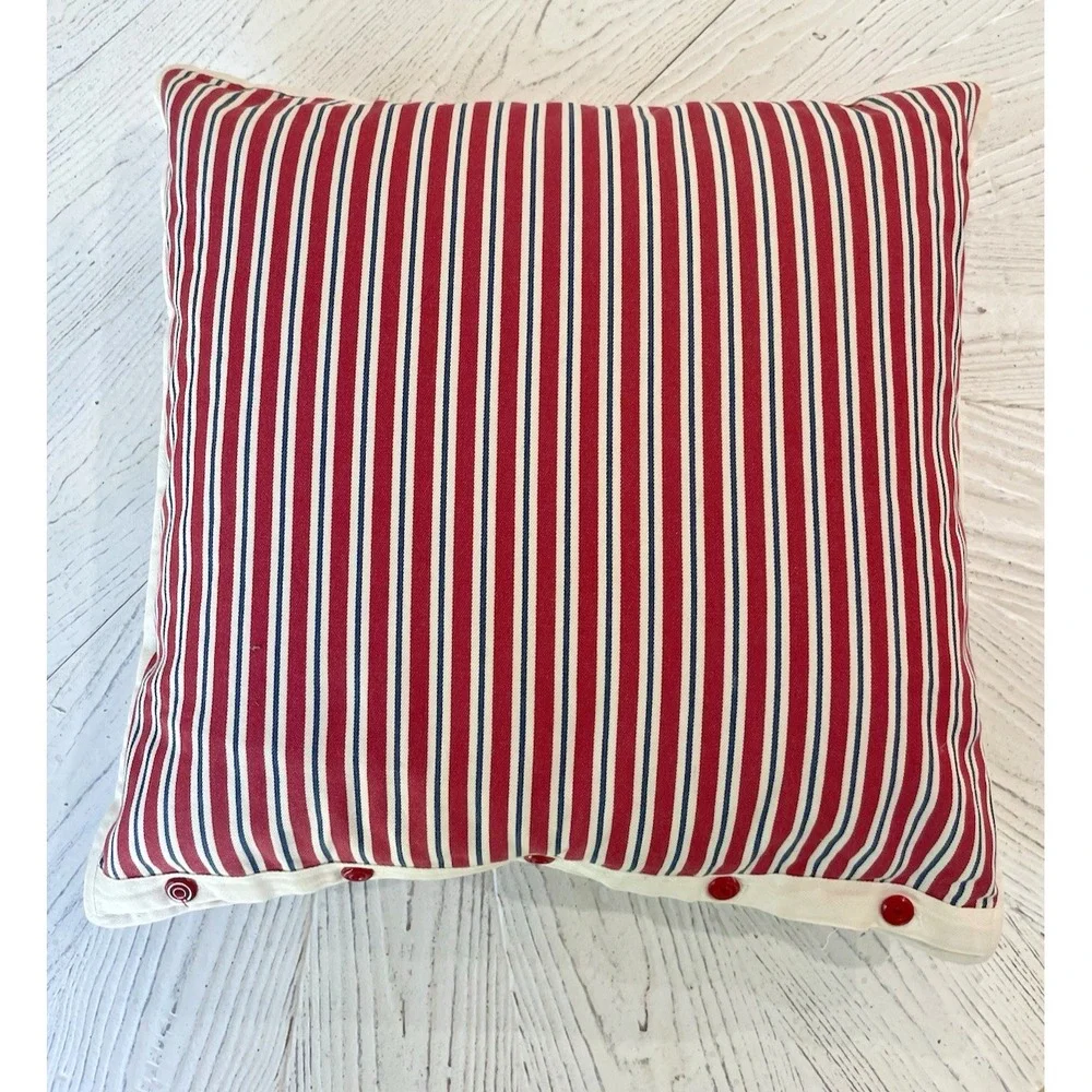 Ralph Lauren 18x18 Red Blue Ticking Stripe Pillow w/Feather Insert‎ Cote D'Azur